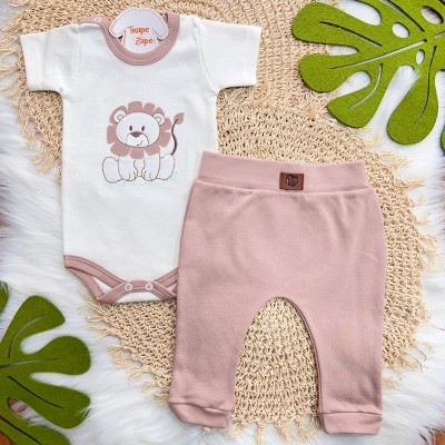 Conj. Body Manga Curta Leão Sentadinho e Calça - Off White e Cappuccino